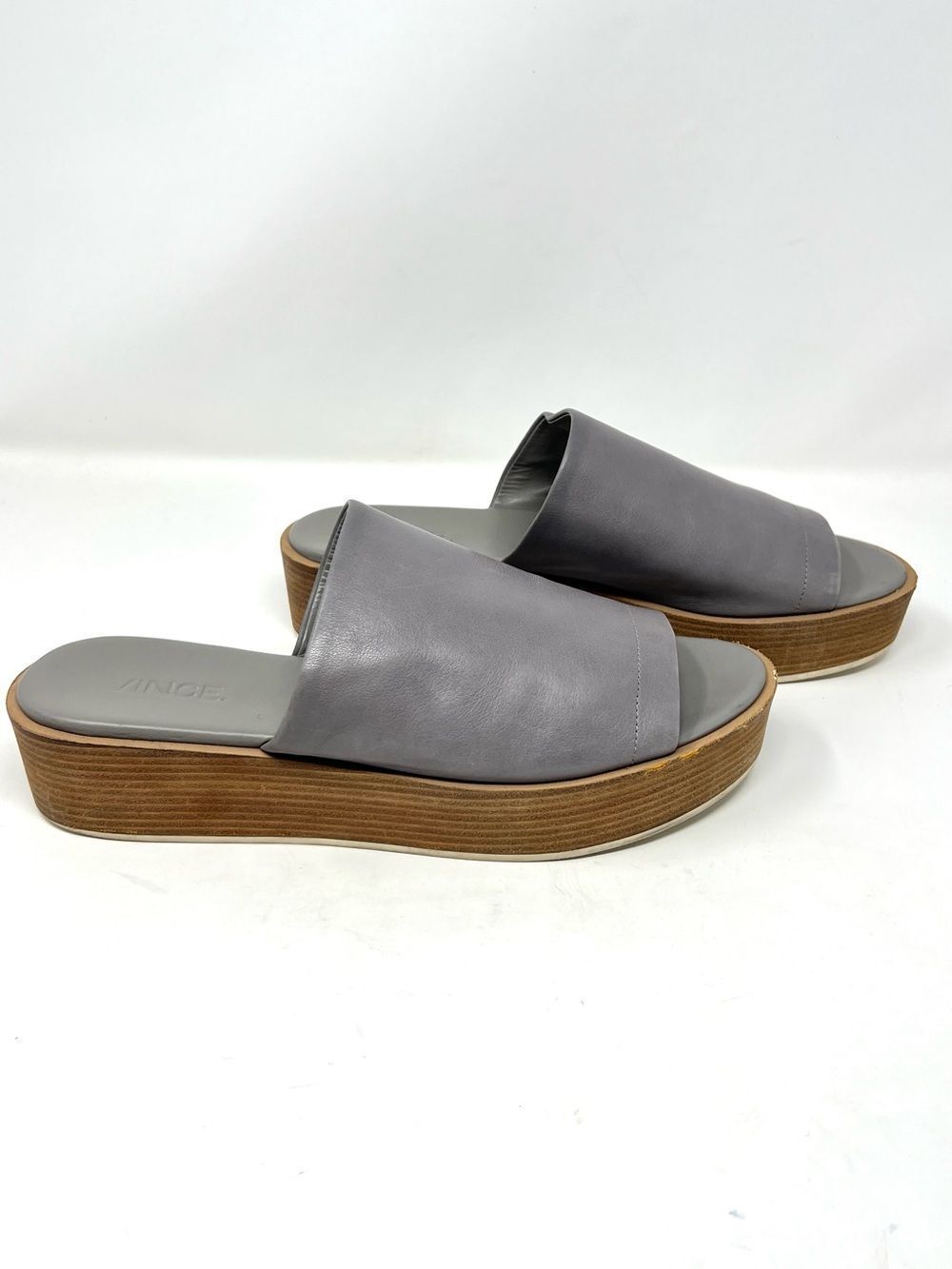 Vince Saskia Truffle Gray Leather Stacked Wood Platform Slide Sandals EU 40 US 9